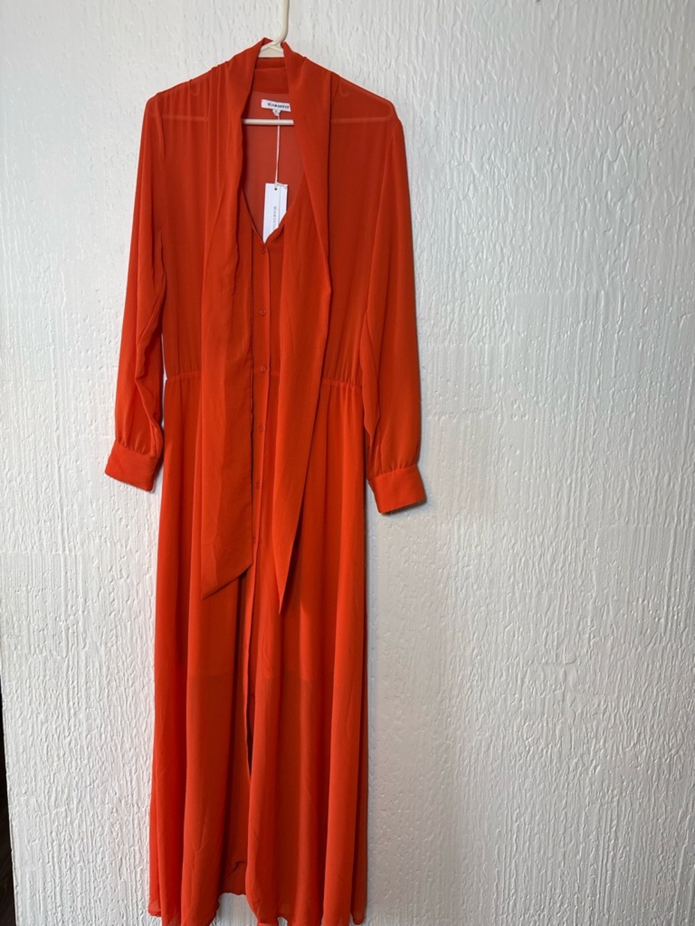 Glamorous Orange Long Sleeve Maxi Dress with Tie Neck Women Size Small